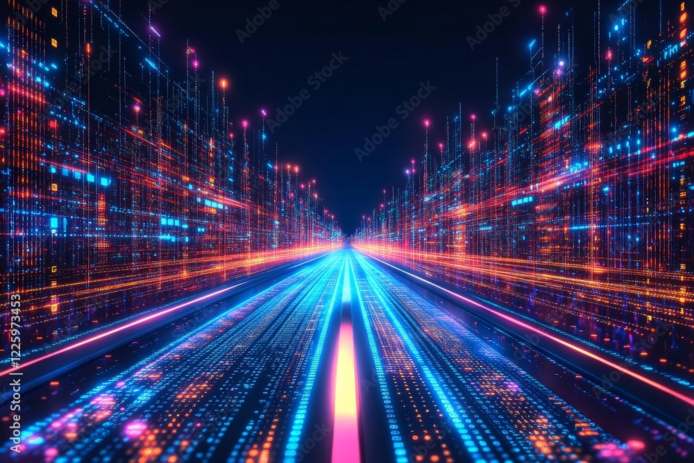 Aufkleber Dynamic digital landscape with vibrant colors and glowing lines representing data flow and technology