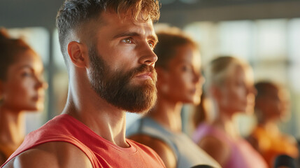 Focused bearded man in coral tank top during group fitness class with diverse participants