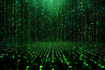 Digital rain of green binary code cascading down over a dark background