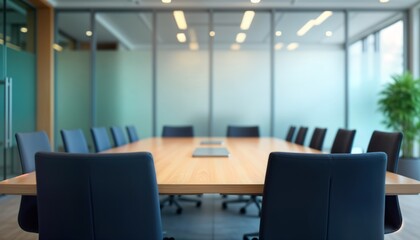 Empty conference room with modern wooden table and dark blue chairs. Daylight fills the bright space. Business meeting or seminar location. Ideal interior setting. Great for corporate use.