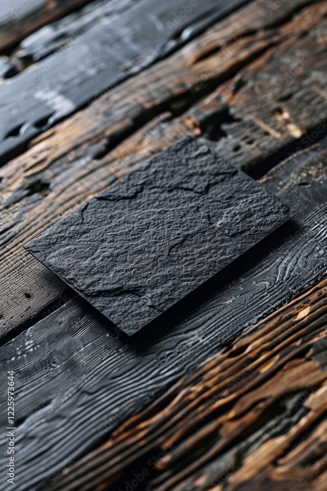 Poster black stone square resting on a wooden surface with a blurred backdrop