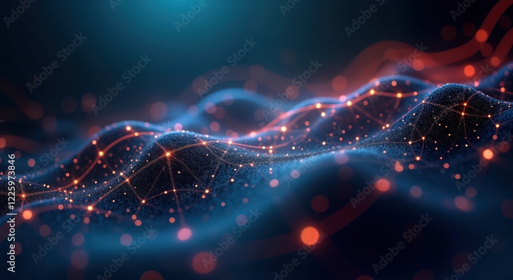 Poster abstract illustration shows data flow. dynamic network of connected points, lines creates futuristic