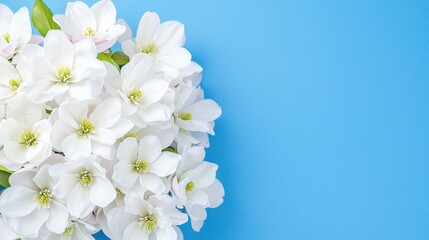Fototapeta premium White magnolia blossoms on blue background; spring floral arrangement; greeting card design