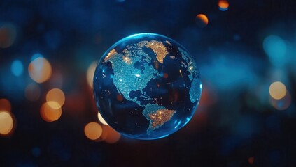 Naklejka premium A glass globe with the world inside, glowing against a dark blue background with blurred lights Generative AI