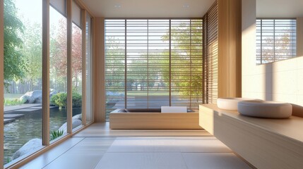 Fototapeta premium Serene Modern Bathroom with Japanese Garden View