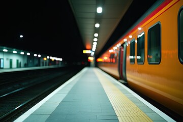 Fototapeta premium quiet railway station at night with glowing lamps illuminating platform and train waiting