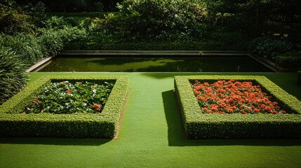close-up aerial view of botanical garden symmetrical flower beds bordered by neatly trimmed hedges