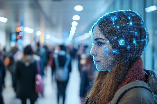 Woman with digital face overlay in a crowded urban environment exploring technology advancement