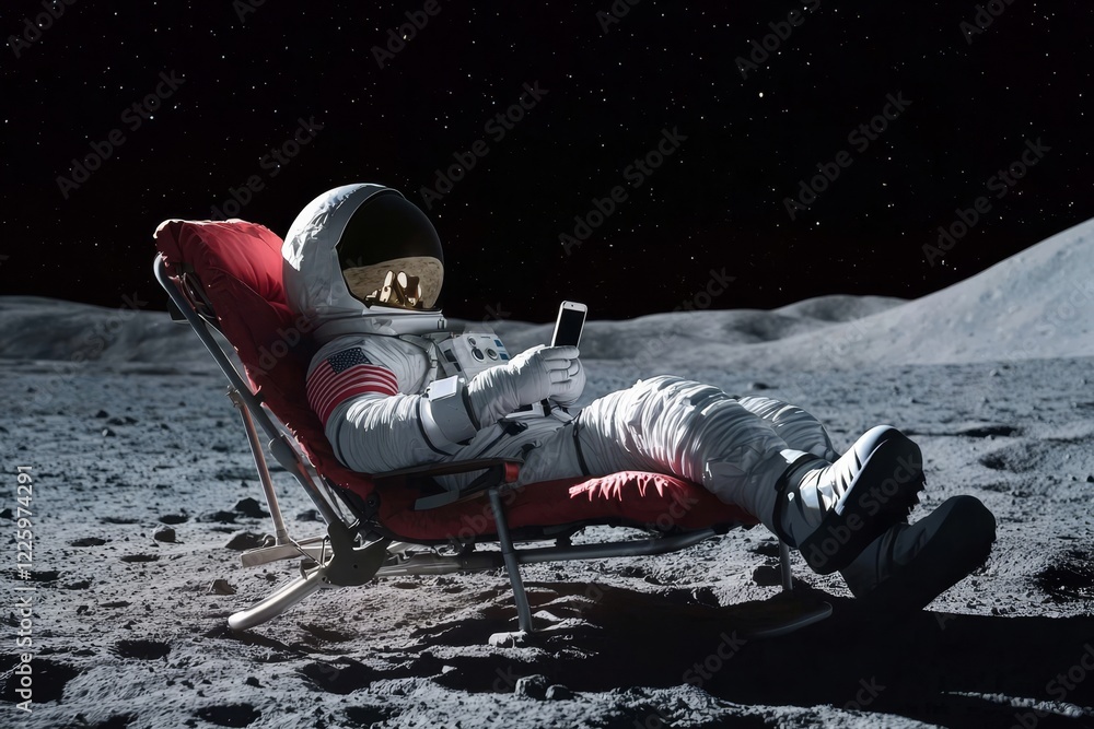 Wall mural an astronaut relaxes on a lounger on the moon while using a phone.