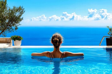 A woman relaxes in a pool surrounded by blue water.
