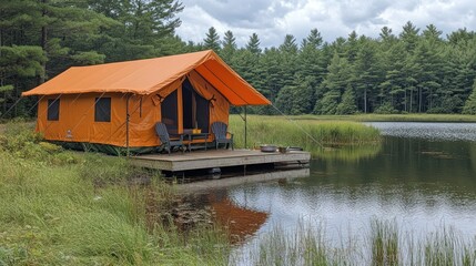 Obraz premium Lakeside Glamping: Luxurious Tent on Private Dock