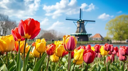 Vibrant tulip fields in full bloom with a traditional windmill under a bright blue sky