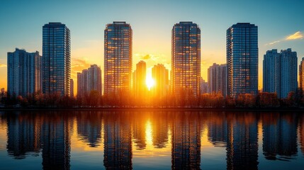 Obraz premium Golden Hour Skyline Reflection: Urban Sunset Serenity