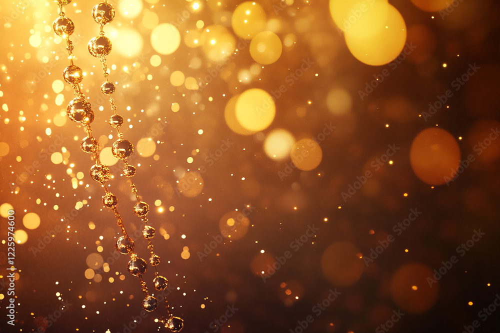 Poster golden bokeh lights with shining spheres and glittering particles in a warm abstract background, sym