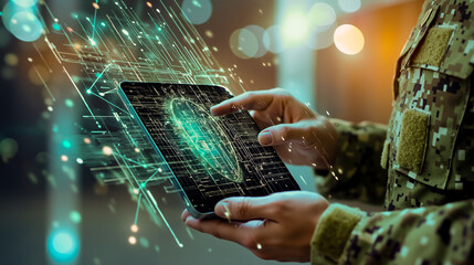 A person in a military uniform holding a tablet with a fingerprint on it