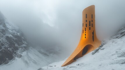 Misty Mountaintop Sanctuary: Wooden Architecture in a Winter Wonderland