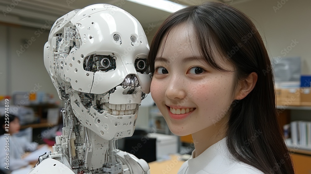 Poster a young woman poses with a highly advanced humanoid robot, showcasing technological advancement in r