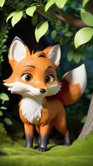 A cartoon fox is standing in a forest with green leaves. The fox is smiling and looking at the camera