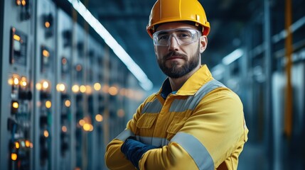 Confident electrician in safety gear, standing in front of control panel with lights and wires in industrial setting