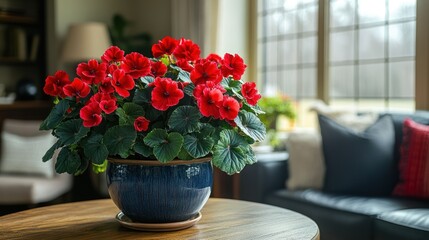 Vibrant Red Begonias in a Blue Pot, Indoor Home Decor