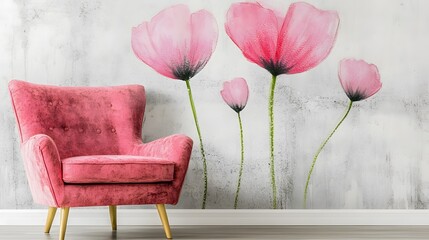 Pink Velvet Armchair with Watercolor Floral Wall Art