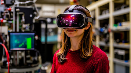 A woman wearing a virtual reality headset in a lab