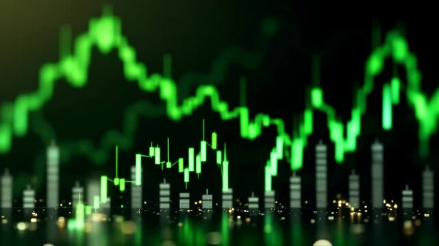 Dynamic green stock market chart on dark background. Trading investment charts. Financial graph with glowing candlesticks. Concept for business, analysis, burse exchange. Bourse buoyant footage. 