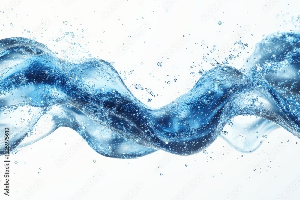 Poster dynamic water waves creating splashes and bubbles against a white background, showcasing fluid motio