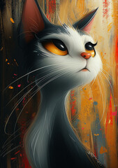 Stylized black and white cat with orange eyes. Digital painting with artistic brush strokes and warm abstract background. Design for poster, print, wallpaper, illustration.