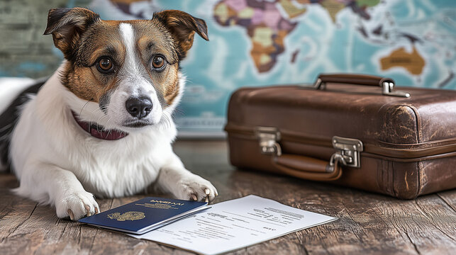 Pet Travel Documents Preparation with World Map and Suitcase