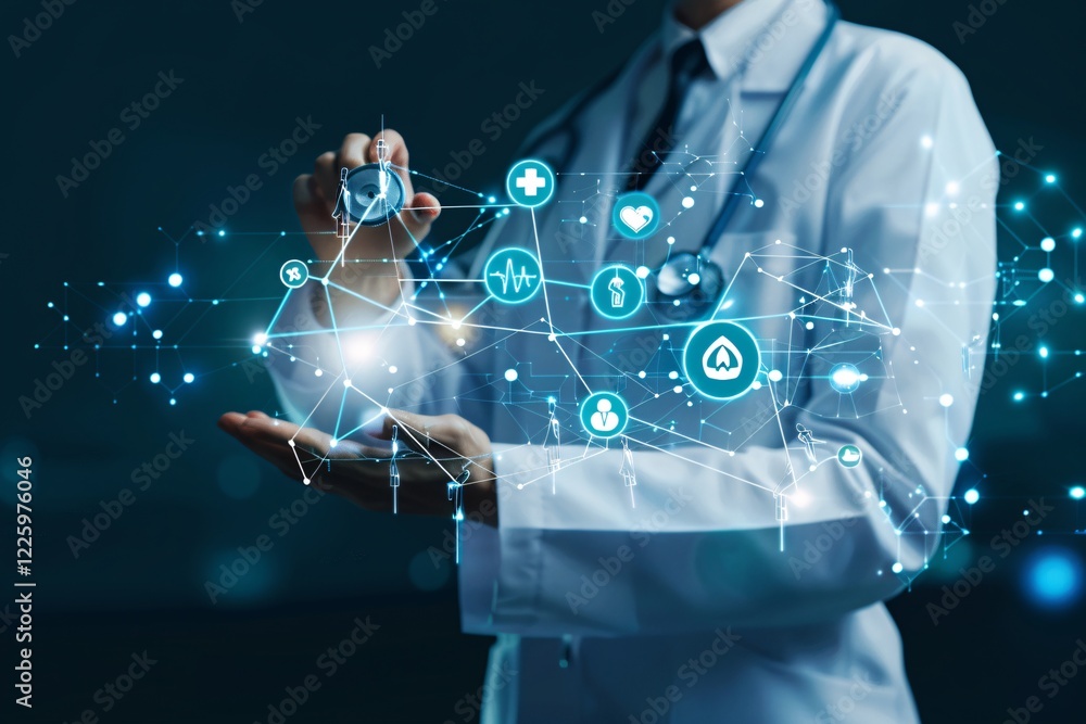 Aufkleber healthcare provider uses a stethoscope while engaging with a digital hologram featuring advanced med