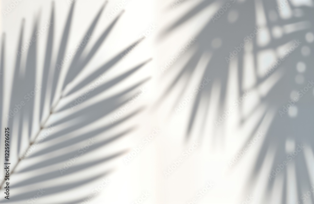 Aufkleber Abstract shadow of palm leaves on white background. Sunlight casts intricate patterns on blank surface. Tropical summer vacation concept. Ideal for travel brochures, tourism ads. Minimalist design.