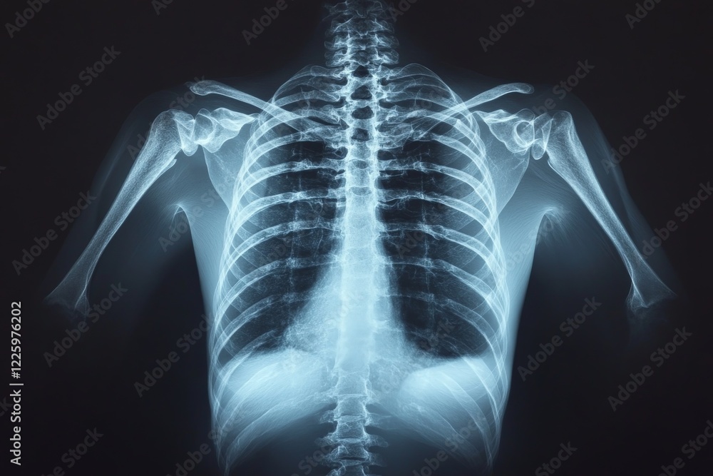 Poster Human skeletal x-ray displaying spine and shoulder structure in a clinical setting