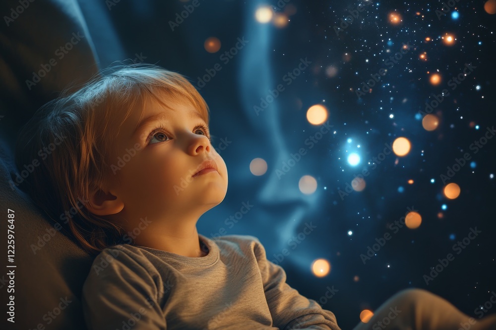 Poster child gazing at stars with wonder in a cozy indoor setting creating a magical atmosphere