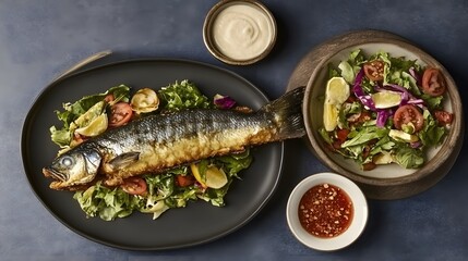 Delicious Fried Fish with Fresh Salad and Dips