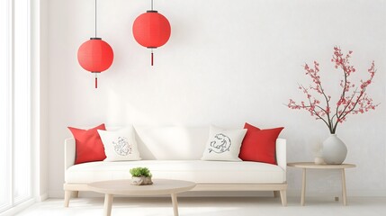 Modern minimalist living room with white sofa, red lantern and dried pampas grass, perfect for chinese new year and interior design content, horizontal 