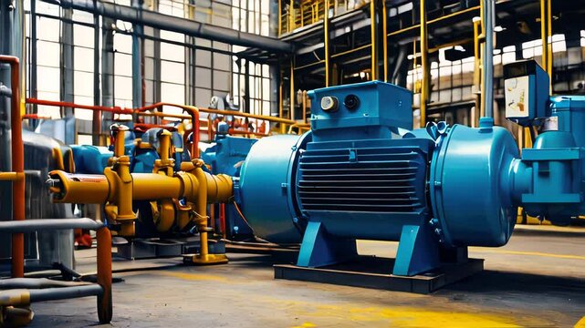 Liquid transfer pump with asynchronous electric motor, modern chemical industrial equipment in an oil refinery petrochemical plant