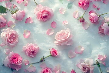 A beautiful close-up of blooming pink roses and delicate petals, isolated on a soft white table, ideal for a romantic design.