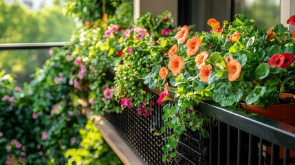 Fototapeta premium Vibrant Balcony Garden: A Blooming Oasis of Colors