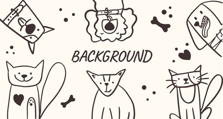 Cats and dogs background. Poster with funny doodle pets. Card with animals. Vector illustration