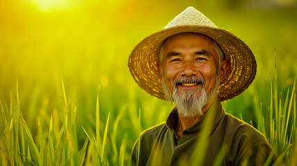 A man in a straw hat smiles at the camera in a field of tall grass
