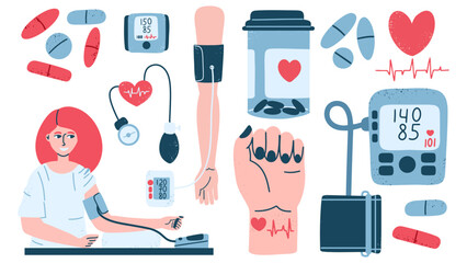 Diagnosis and prevention of arterial hypertension. A woman measures her blood pressure. Automatic and mechanical tonometer. Vector medical set hand drawn illustration.