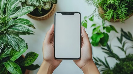 Person Holding Smartphone Surrounded by Lush Greenery