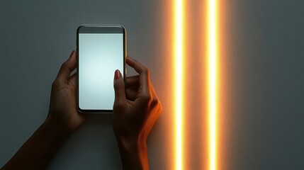 Hands holding smartphone with blank screen, illuminated by warm parallel lights.  Modern technology concept.