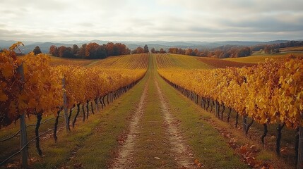 Fototapeta premium Autumnal Vineyard Landscape: Golden Vines and Rolling Hills