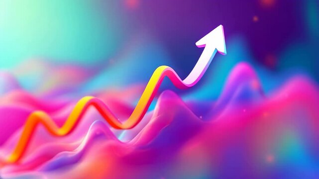 Dynamic colorful stock market chart on purple background. Trading investment charts. Financial graph with glowing candlesticks and arrow. Concept for business, analysis, burse exchange. Bourse buoyant