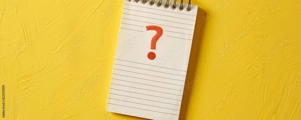 Poster red question mark notepad rests on a bright yellow desk, evoking curiosity and seeking answers