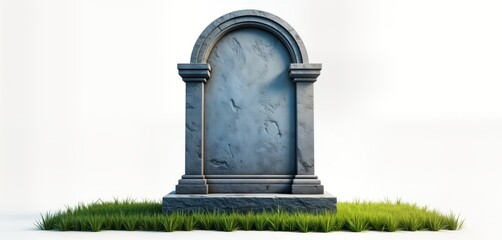 Empty stone tombstone stands on patch of grass. Classic memorial design. Simple, powerful symbol of loss, remembrance. Blank space on stone allows customization, personalization. Isolated setting