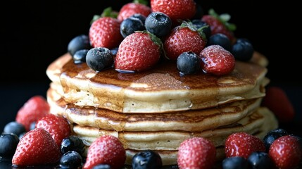 Delicious Stack of Pancakes Topped with Fresh Strawberries and Blueberries