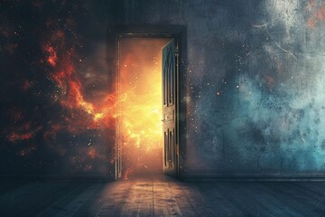 Portal in a weathered wall leading to a fiery and smoky alternate dimension